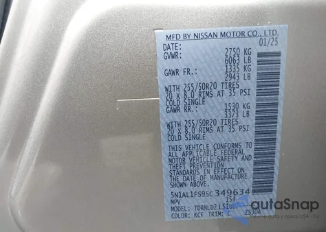 2025 Infiniti Qx60 Luxe Awd from USA, damaged, VIN 5N1AL1FS9SC349634